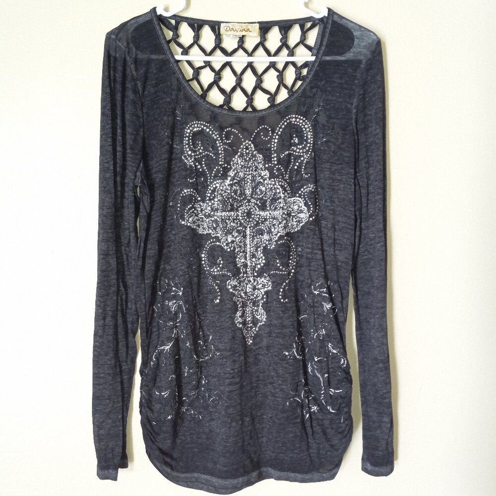 DAVINA Black/Grey Long-Sleeved Top with Large-Fishnet Cutout in Back Women's M